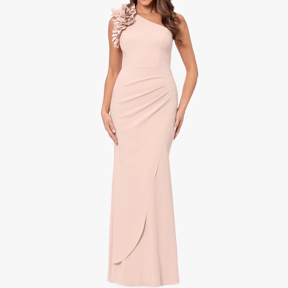Elegant “IVY" ONE SHOULDER RUFFLE SCUBA CREPE PINK DRESS